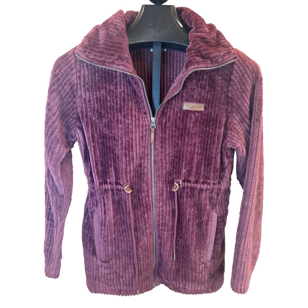 Columbia Womens Fleece Jacket Burgundy Corduroy Style Full Zip Drawstring Size M